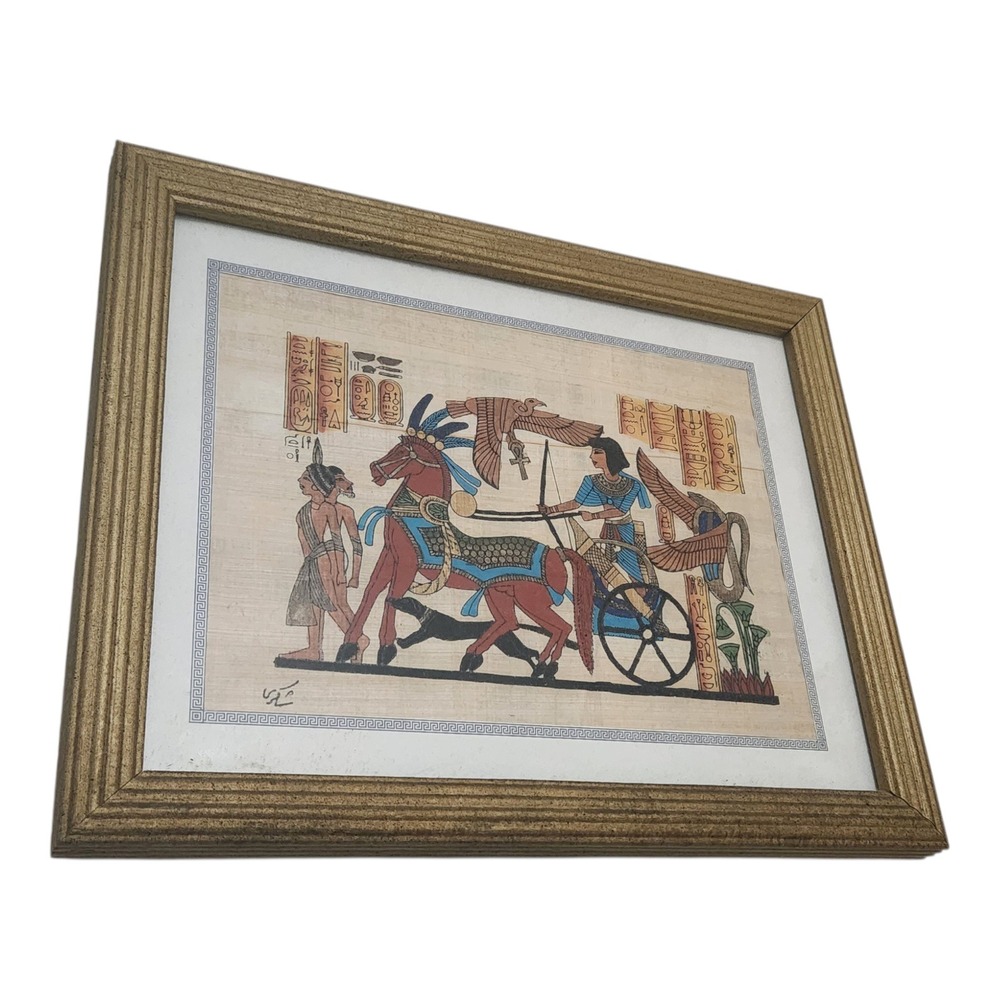 Egyptian Papyrus Art Hand Painted Pharaoh Chariot Scene Gold Framed‎ 12.5x10.5